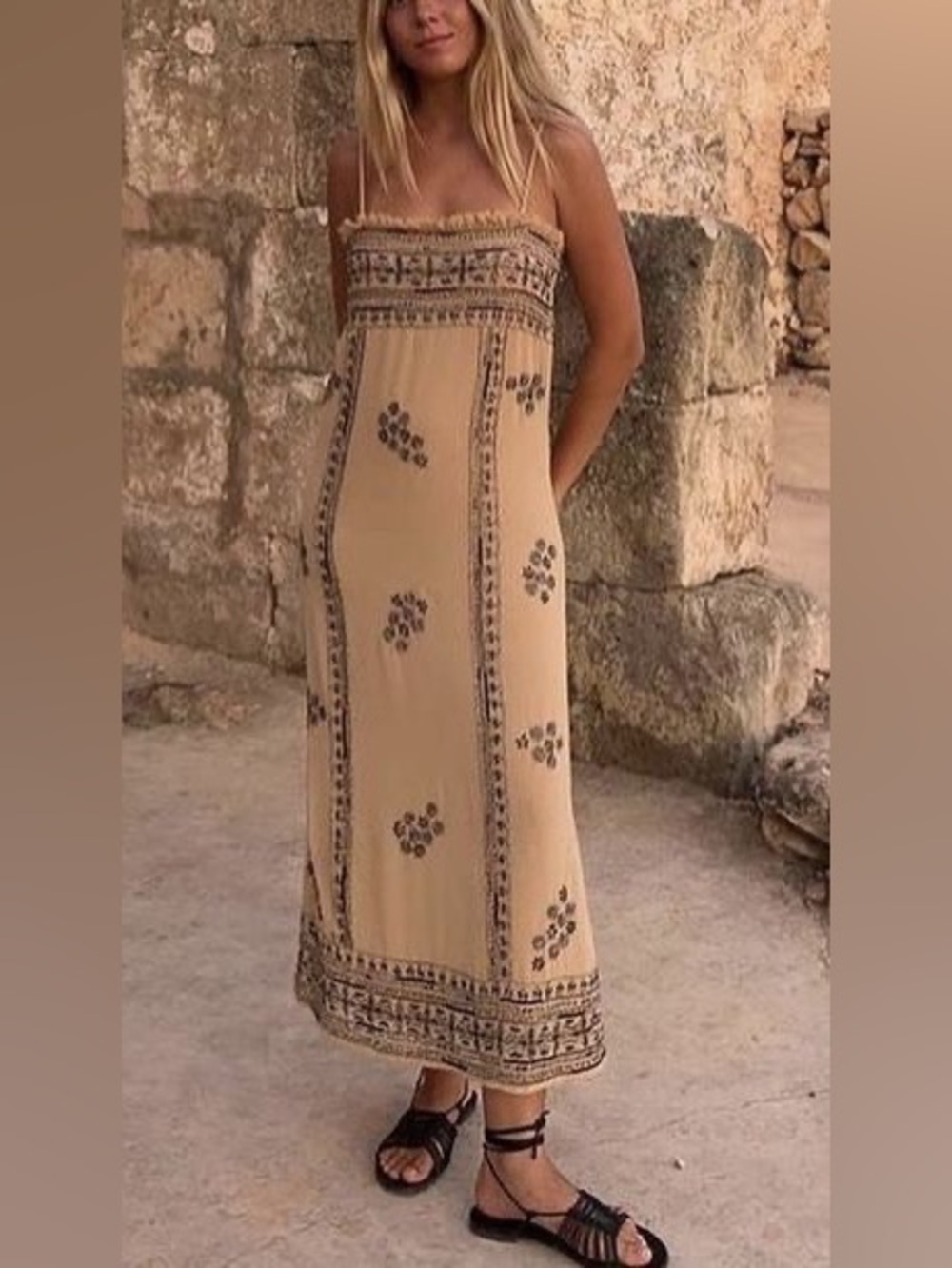Zara Beige Strapless Maxi Dress with Beading details